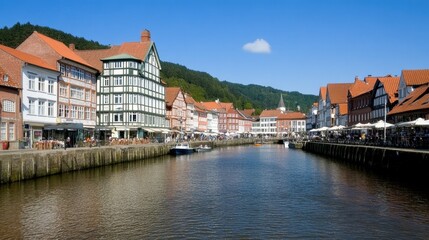 Fototapeta premium Charming river view of historic buildings along a sunny waterfront