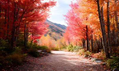 Obraz premium Enchanting Autumn Forest Path with Vibrant Red Maple Trees and Sunlit Trail Through Misty Mountain Wilderness. generative aI