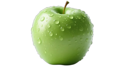 A single crisp green apple covered in glistening water droplets, isolated on a pure white background for a fresh and healthy concept