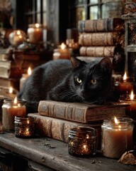 Black Cat Appreciation, mystical black feline resting on vintage books surrounded by candlelight in gothic study, capturing arcane wisdom, quiet pet storytelling, and enchanted ambiance for folklore