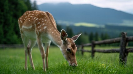Gentle deer wildflower meadow green grass mountain summer morning light tranquil foraging in wildflower meadow scene evokes calm joy