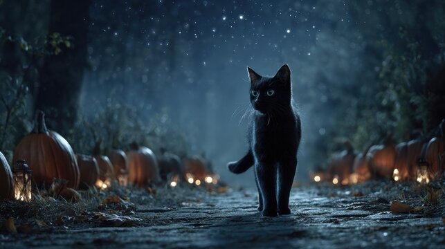 Black Cat Appreciation, black feline walking through glowing pumpkin-lined forest path under twilight sky, capturing cinematic Halloween mystery, pet symbolism, and magical seasonal storytelling