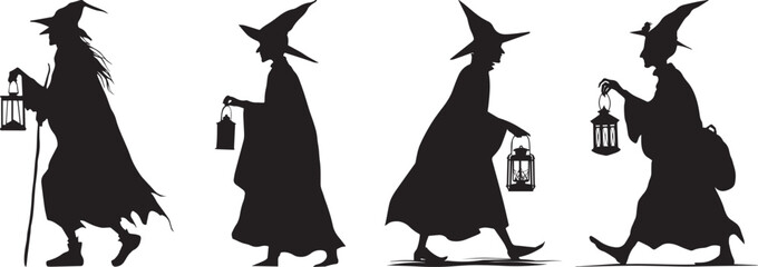 Halloween witches silhouette vector illustration with lanterns for spooky designs