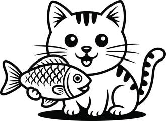 Obraz premium Cute Cat Holding a Fish Illustration