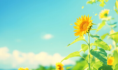 Fototapeta premium Bright and cheerful sunflower blooming under clear blue summer sky vibrant yellow petals and fresh green leaves radiating warmth and positivity in nature. generative aI