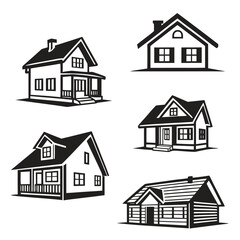 Illustration of five different house designs with varying architectural styles in black and white color