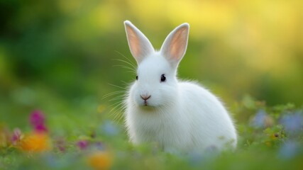 Fototapeta premium White rabbit soft fur pink ear green meadow spring light gentle mood nature wildlife foraging in wildflower meadow with calm grace
