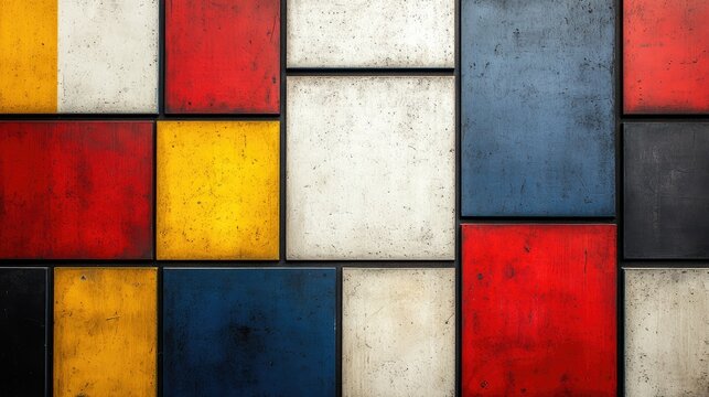 Bauhaus-Inspired Grid of Muted Primary Color Squares in Soft Red, Blue and Yellow on White Background