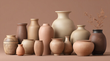 Neutral Clay Pottery Collection on Dusty Rose Background -