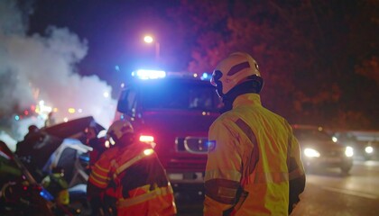 Emergency Responders at a Car Accident Scene at Night with Smoke and Flashing Lights