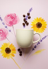 Still life of a coffee cup with coffee beans and floral watercolor on a pink background art piece