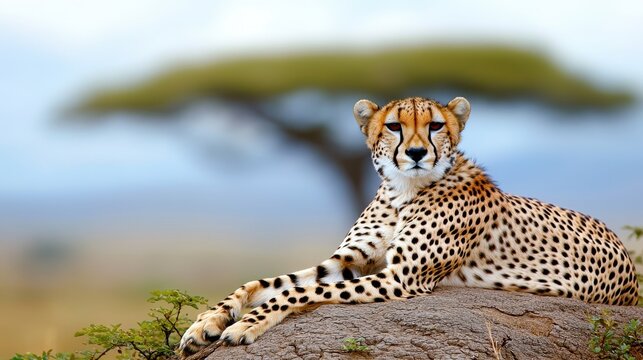 Majestic Cheetah Relaxing on a Rock in African Savanna Landscape - Powered by Adobe