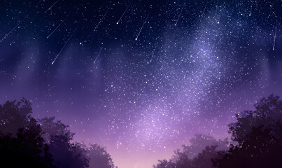 Magical meteor shower over misty pine forest with vibrant milky way and falling stars illuminating deep blue and purple night sky breathtaking celestial phenomenon. generative aI