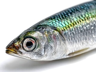A close up detail shot of a fresh glistening sardine showcases its iridescent scales and expressive eye.