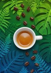 A cup of coffee surrounded by coffee beans and tropical leaves on a gradient green background