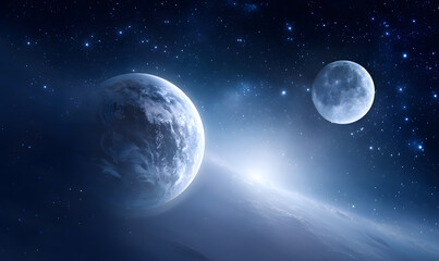 Harmonious cosmic view of Earth and Moon shining brightly against a star-filled deep space backdrop showcasing celestial beauty and vast universe. generative aI