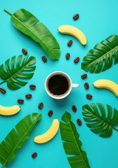 Overhead view of coffee cup with bananas leaves and coffee beans on a turquoise background flat lay style