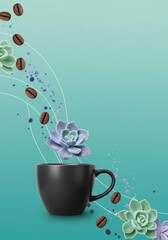 A black coffee mug with coffee beans and succulents on a light blue background with white curved lines