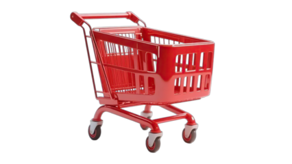 An empty red plastic shopping cart isolated on a pure white background for retail and e-commerce concepts