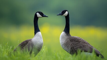 Obraz premium Graceful goose wild goose Canada goose pair meadow green spring wildlife nature bird foraging in wildflower meadow with tender calm mood