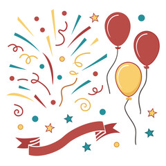 Illustration of balloons confetti stars and a banner isolated on a white background for celebration