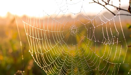 Dew-kissed spiderweb at sunrise