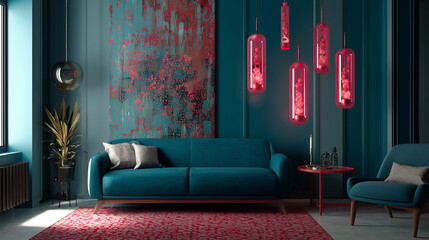 Modern Apartment Interior with Pink Lava Lamps and Teal Accent Wall -