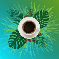 Overhead view of coffee cup on saucer with beans and tropical leaves on colorful background art
