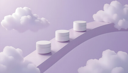 Abstract pastel purple background featuring a surreal stage with podiums for cosmetic product presentation in a dreamy cloudscape