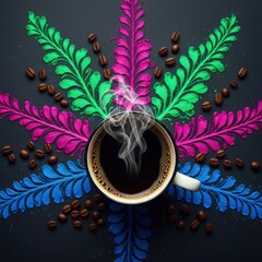 A cup of coffee with steam surrounded by colorful designs and scattered coffee beans on a black surface