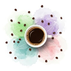 A cup of coffee surrounded by coffee beans and colorful watercolor splashes with leaf illustrations