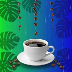 A cup of black coffee with falling coffee beans and leaf patterns on a blue green background art