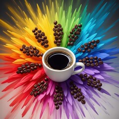 A cup of dark coffee surrounded by coffee beans and colorful feather like shapes radiating outwards