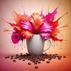 A white cup filled with colorful hibiscus flowers and coffee beans on a pink background art