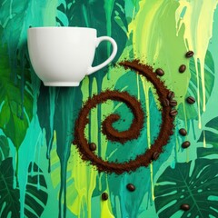 A white cup with coffee grounds in a spiral shape on a green and yellow painted background with coffee beans