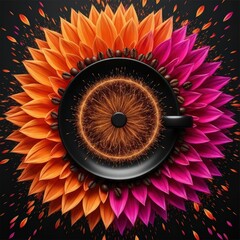 Top view of coffee cup with flower petals and beans on black background artistic design