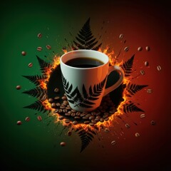 A coffee cup with fern design surrounded by coffee beans and ferns on a colorful background