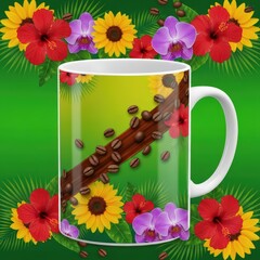 A coffee mug with coffee beans and flowers on a green background with tropical leaves and flowers around it