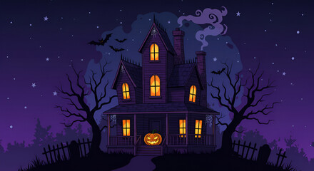 Spooky Haunted House at Night with Jack-o'-Lantern