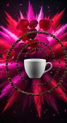 A white coffee cup surrounded by coffee beans and rose petals against a pink background