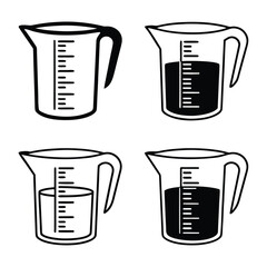 Illustration showing four measuring cups with different fill levels and measurement markings visible