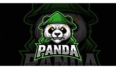 A fierce and bold esport logo of a panda, featuring a sharp, stylized design with glowing yellow eyes, a green conical hat, and a leaf in its mouth, perfect for gaming or team branding.