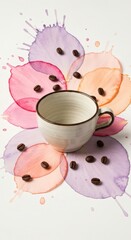 A coffee cup surrounded by watercolor splashes and scattered coffee beans on a white background