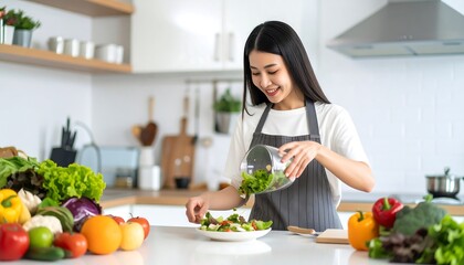 Woman preparing a salad in a bright kitchen