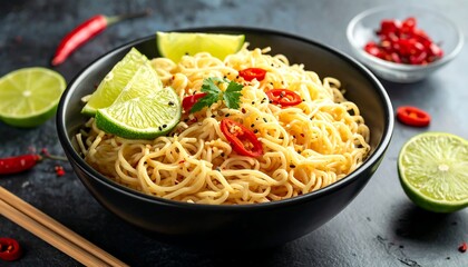 Bowl of noodles with lime slices and chili peppers