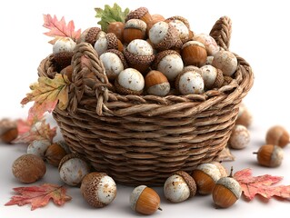 A woven basket is filled with harvested acorns and colorful autumn leaves against a white backdrop image.