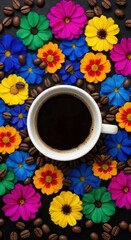 A cup of black coffee surrounded by colorful flowers and coffee beans on a black background view from above