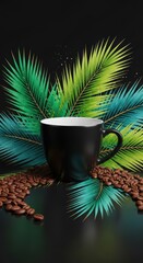 A black mug with coffee beans and palm fronds on a black background with light spots above it