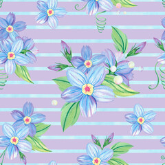 Seamless blue flower and green leaf pattern on striped background, dew, pearl, bubble. Forget-me-not endless backdrop. Hand drawn floral watercolor repeating illustration for textile, wrapping