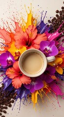 A cup of coffee surrounded by vibrant flowers and colorful paint splashes on a white background